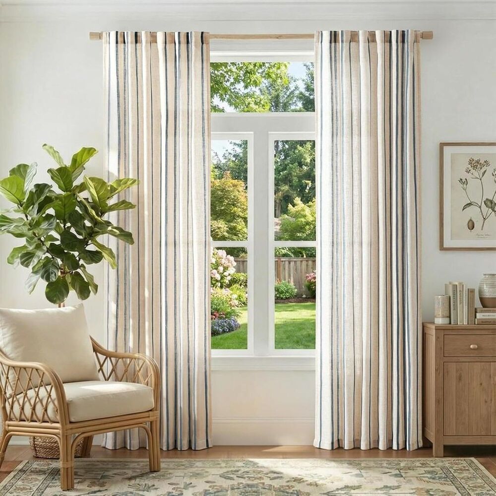Brand New Jinchan Blue on Beige Striped Linen Curtains 84″ Long – Set of 2